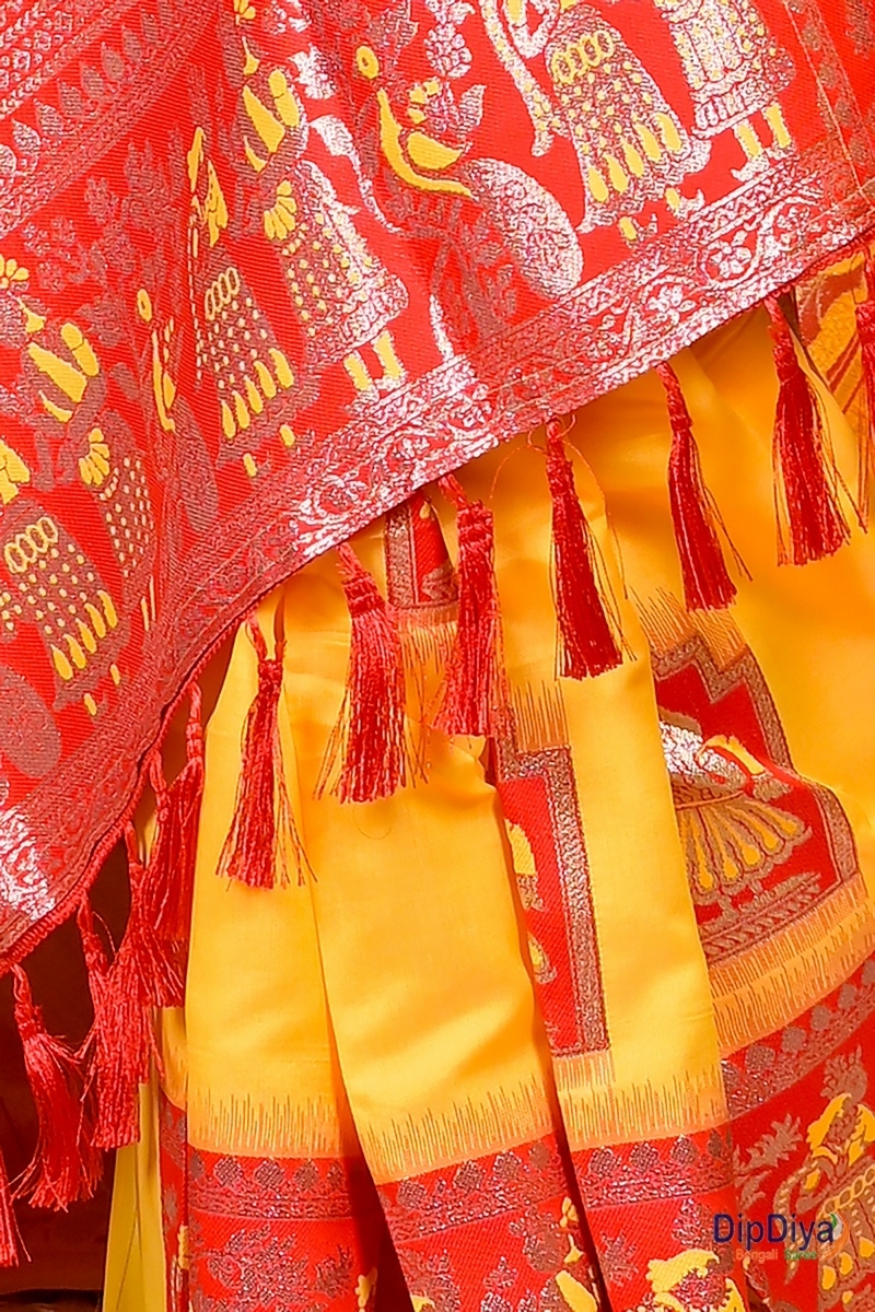 Yellow Red Cotton Silk Parza Baluchari Saree (582)